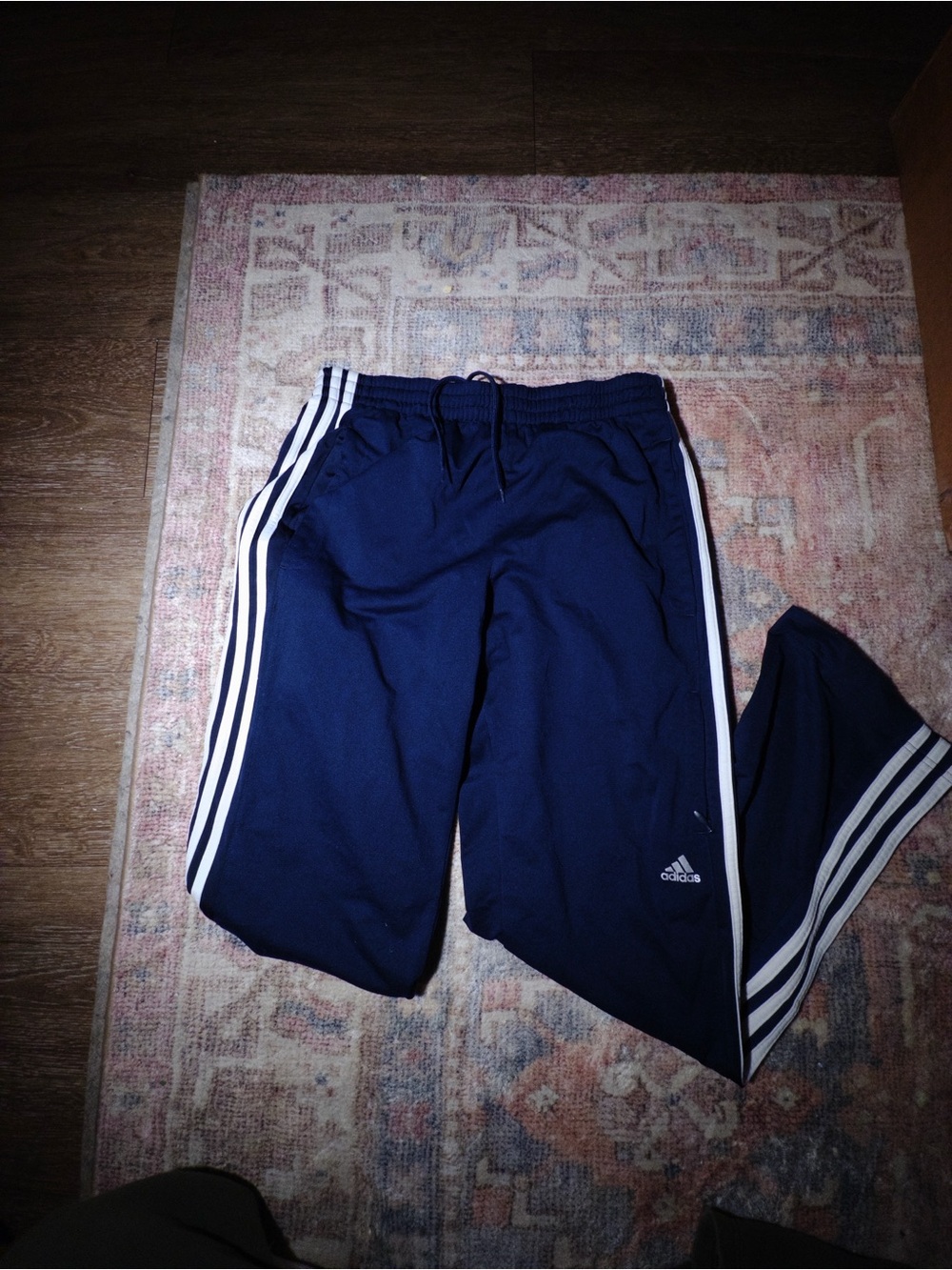 Adidas Navy Blue Track Pants with White Stripes